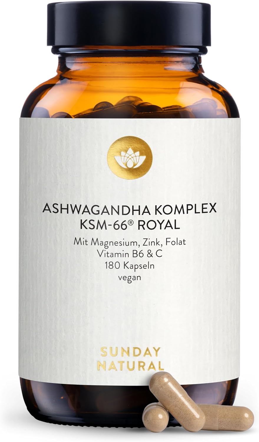 Magnesium 600 mg – SUNDAY NATURAL Ashwagandha Complex KSM-66 Premium Raw Material - 600 mg Organic Ashwagandha Capsules High Dose per Daily Dose - 180 Capsules with Magnesium, Zinc & Vitamin B6 - Laboratory Tested
