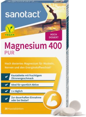 Magnesium 400 mg – sanotact Magnesium 400 (30 chewable tablets), high dose magnesium for muscles and nerves, 400 mg magnesium with immediate effect, 100% vegan, magnesium carbonate and magnesium oxide