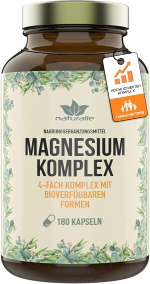 Magnesium Komplex mit B6 & Zink – naturalie® Magnesium Capsules in Complex | 4 Bioavailable Magnesium Forms | 280 mg Elementary Magnesium | 180 Capsules Without Unnecessary Additives | Laboratory Tested Quality in Brown Glass