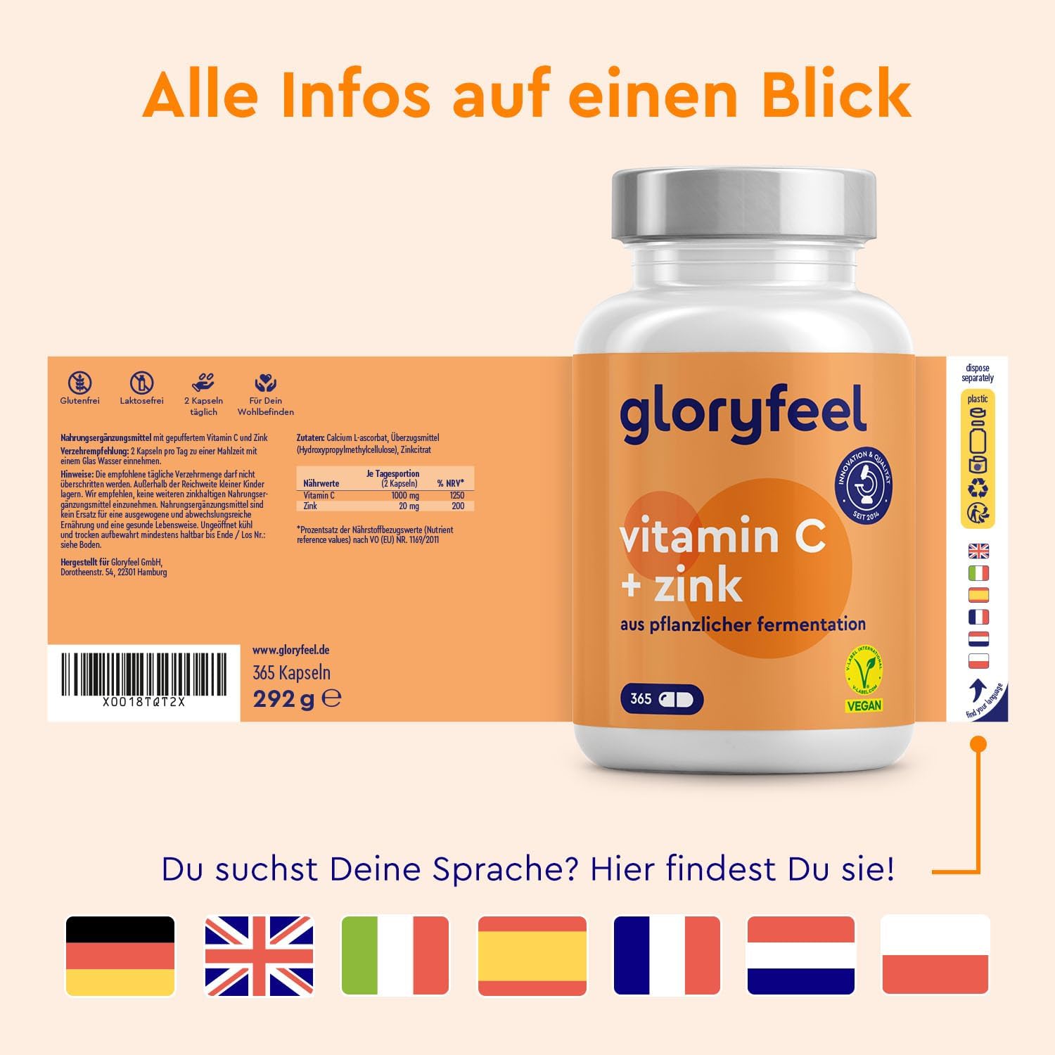 Magnesium 600 mg – Vitamin C + zinc - 365 vegan capsules - 1000 mg buffered vegetable vitamin C (acid-free and stomach friendly) plus 20 mg zinc per daily dose - laboratory tested without additives made in Germany. – Bild 7