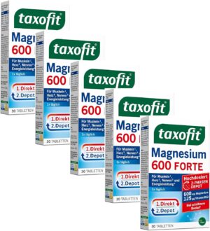 Magnesium 600 mg – taxofit Magnesium 600 Forte | 5 x 30 Tablets High Dose Magnesium 600 mg + Vitamin B1 + B6 + B12 | Magnesium Oxide & Magnesium Carbonate | for Muscles ¹, Heart² & Energy 4 | Magnesium Supply for 30