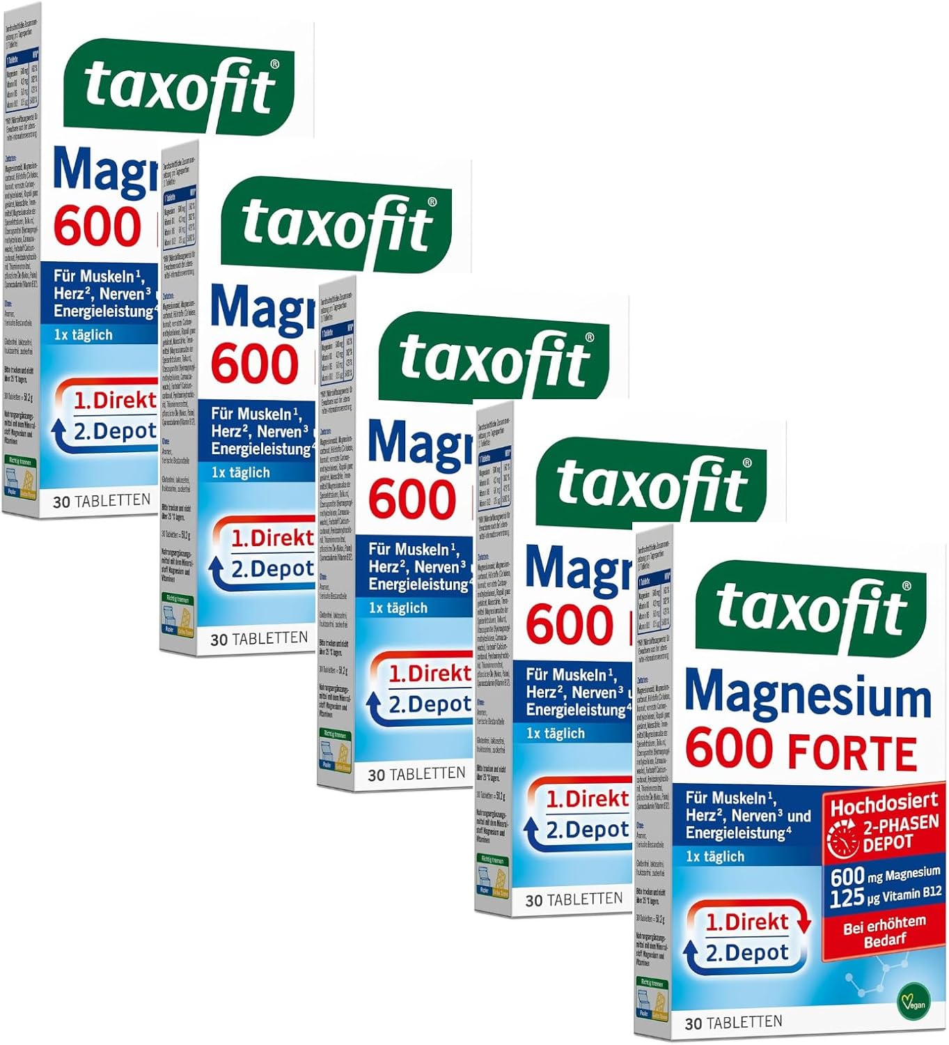 Magnesium 600 mg – taxofit Magnesium 600 Forte | 5 x 30 Tablets High Dose Magnesium 600 mg + Vitamin B1 + B6 + B12 | Magnesium Oxide & Magnesium Carbonate | for Muscles ¹, Heart² & Energy 4 | Magnesium Supply for 30
