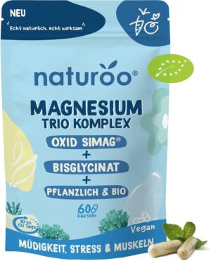 Magnesium 600 mg – Organic Magnesium Trio Complex: Natural & High Quality | 60 Capsules Vegan High Dose for 1-2 Months | Magnesium Oxide SiMAG®, Bisglycinate & Seaweed, Against Fatigue, Stress & Muscle Cramps