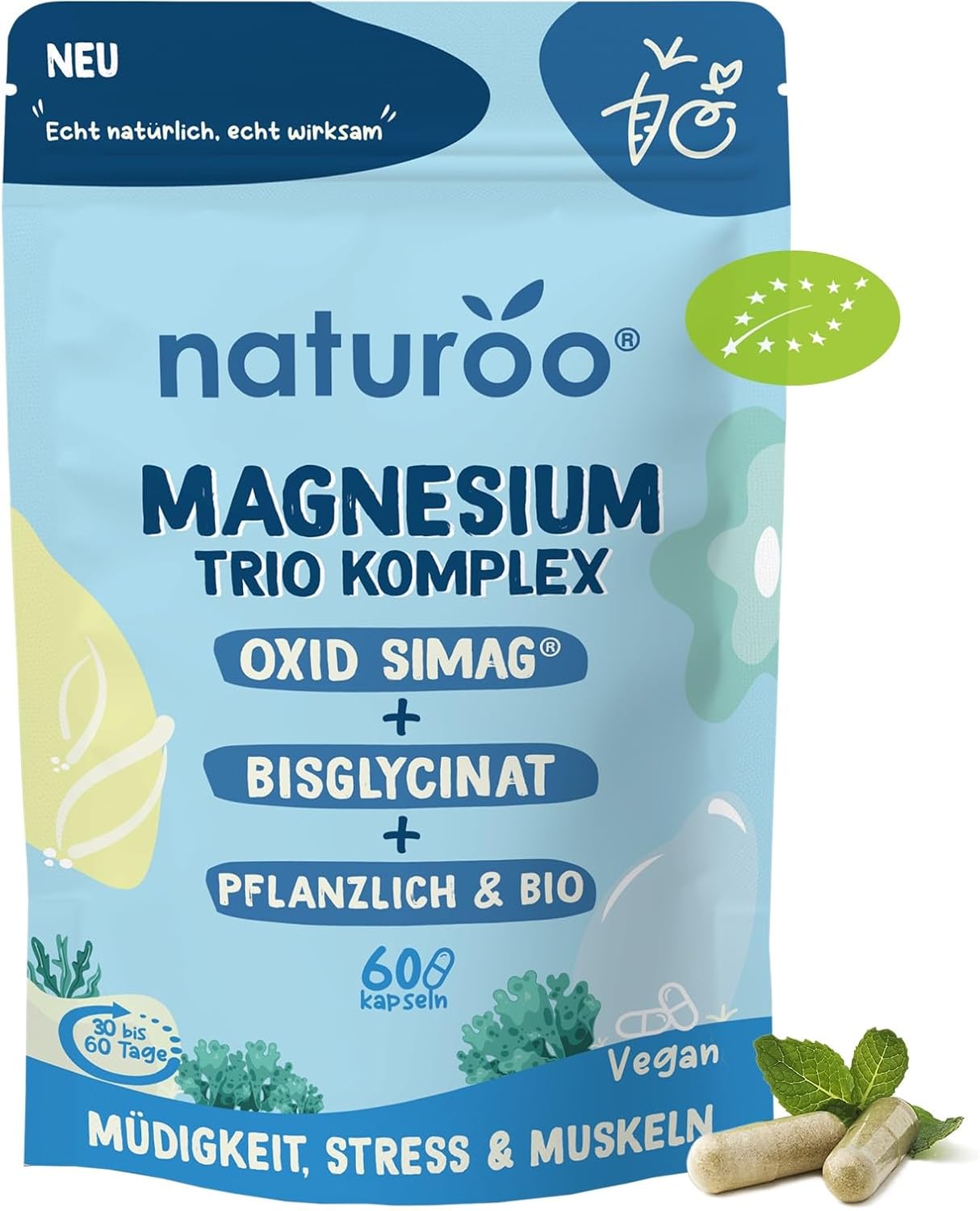Magnesium 600 mg – Organic Magnesium Trio Complex: Natural & High Quality | 60 Capsules Vegan High Dose for 1-2 Months | Magnesium Oxide SiMAG®, Bisglycinate & Seaweed, Against Fatigue, Stress & Muscle Cramps