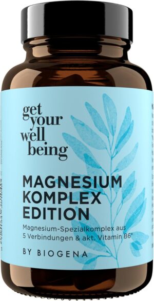 Magnesium Komplex mit B6 & Zink – get your wellbeing by BIOGENA - Magnesium Special Complex in 5-fold Blend & Activated Vitamin B6 for Nerves, Muscles & Energy - 60 Capsules - Dietary Supplement Vegan & Preservative-Free
