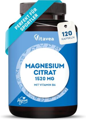 Magnesium 600 mg โ Magnesium Citrate - 120 Vegan Capsules - 1520 mg Magnesium Citrate per Daily Dose - Perfect for Athletes - Muscle Function, Nerves & Energy - With Vitamin B6 - Laboratory Tested, No Additives