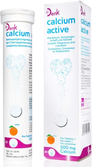 Magnesium 600 mg – Calcium Active Denk: Dietary Supplement with Calcium for Bones, Teeth and Muscles, for Every Stage of Life, with 500 mg Calcium, 20 Effervescent Tablets