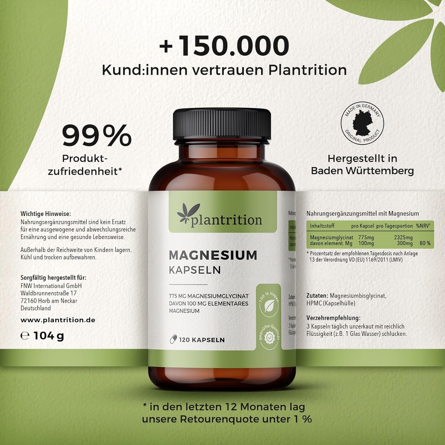 Magnesium Komplex mit B6 & Zink – plantrition Magnesium capsules 100 mg elemental Magnesium glycinate per capsule - high dose Magnesium bisglycinate - 120 vegan capsules – Bild 6