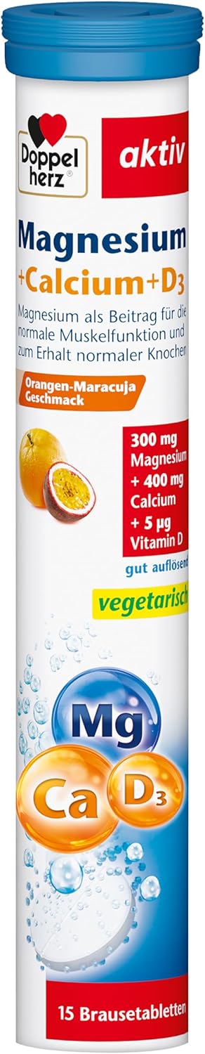 Magnesium 400 mg – Doppelherz Magnesium + Calcium + D3 Effervescent Tablets - Orange Passion Fruit-Flavoured Dietary Supplement - Magnesium for Normal Muscle Function - 1 x 15 Effervescent Tablets