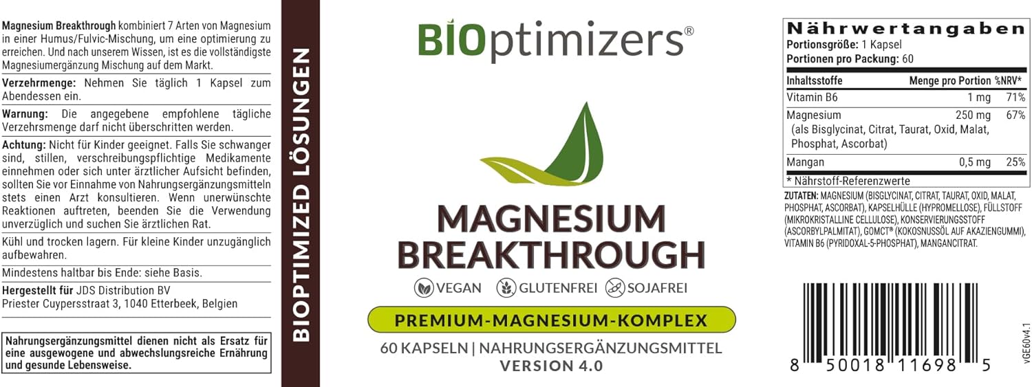 Schlaf-Magnesium mit Melatonin – Natürlich einschlafen & durchschlafen – BiOptimizers Magnesium Breakthrough 4.0 7-in-1 Complex 60 Vegan Capsules - Highly Effective Magnesium Glycinate, Malate, Taurate and Citrate - Magnesium Preparations for Sleep, Against Anxiety – Bild 11