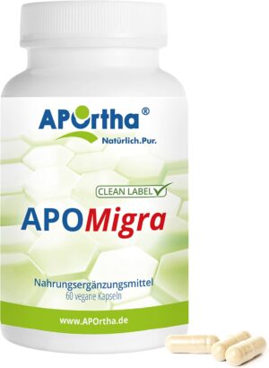 Magnesium 250 mg – APOrtha® APOMigra, 60 Vegan Capsules, Nutrient Complex with 250 mg Magnesium, 2.8 mg Riboflavin and 100 mg Q10 per Day Consumption, Optimised with Vitamin B12, Vegan, Gluten-Free, Lactose-Free,