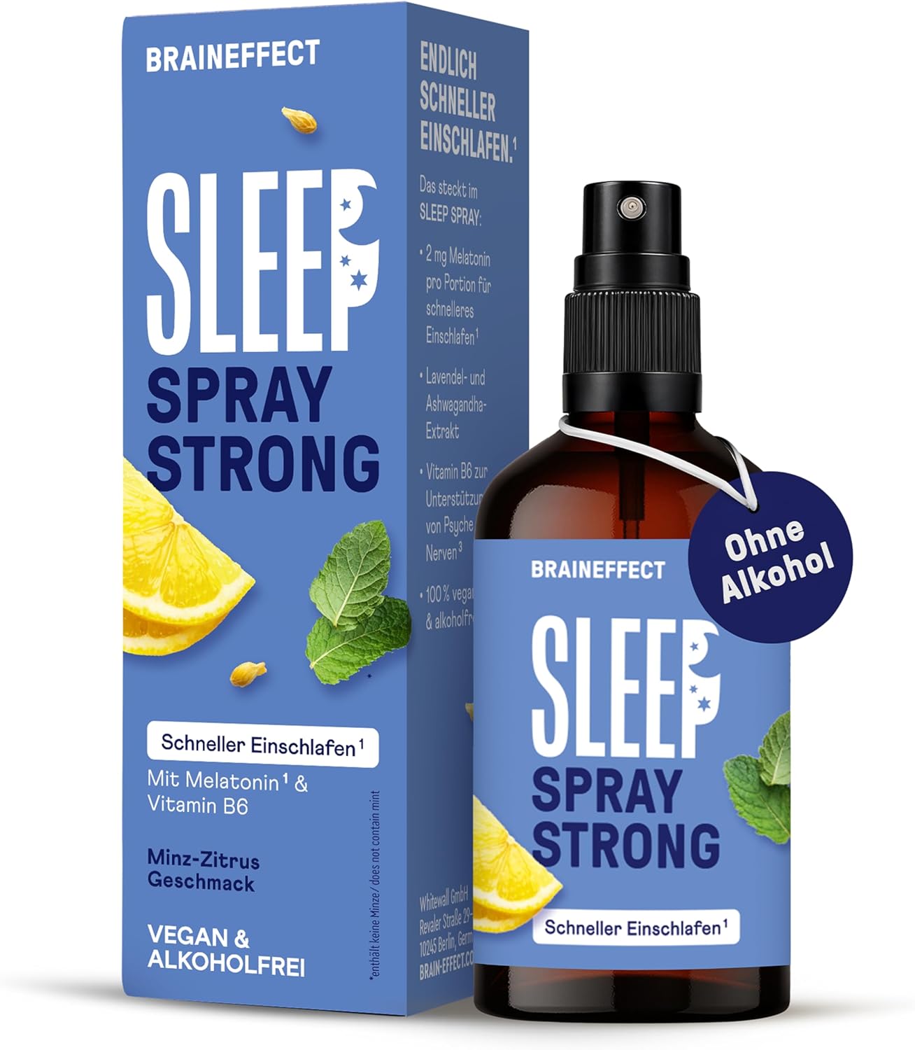 Schlaf-Magnesium mit Melatonin – Natürlich einschlafen & durchschlafen – BRAINEFFECT Sleep Spray Strong The Original - Melatonin Spray High Dose - 450 Days Supply Sleep Spray - with Mint, Lemon, Lavender and Ashwagandha, Sugar-Free, Alcohol-Free