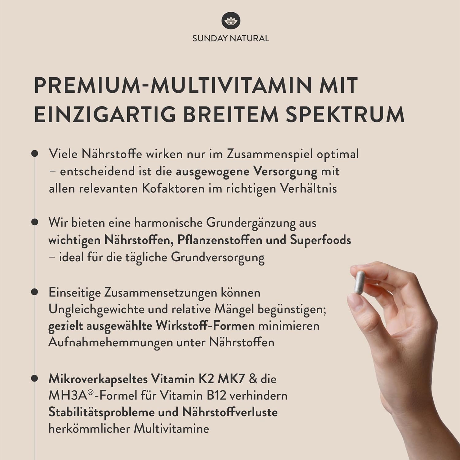 Magnesium Komplex mit B6 & Zink – SUNDAY NATURAL Multivitamin Complex - All in One - Premium All-Round Supply with Only 1 Capsule: 30 A-Z Vitamins, Micronutrients - 90 Vegan Vitamin Capsules - Laboratory Tested and Without Other – Bild 4