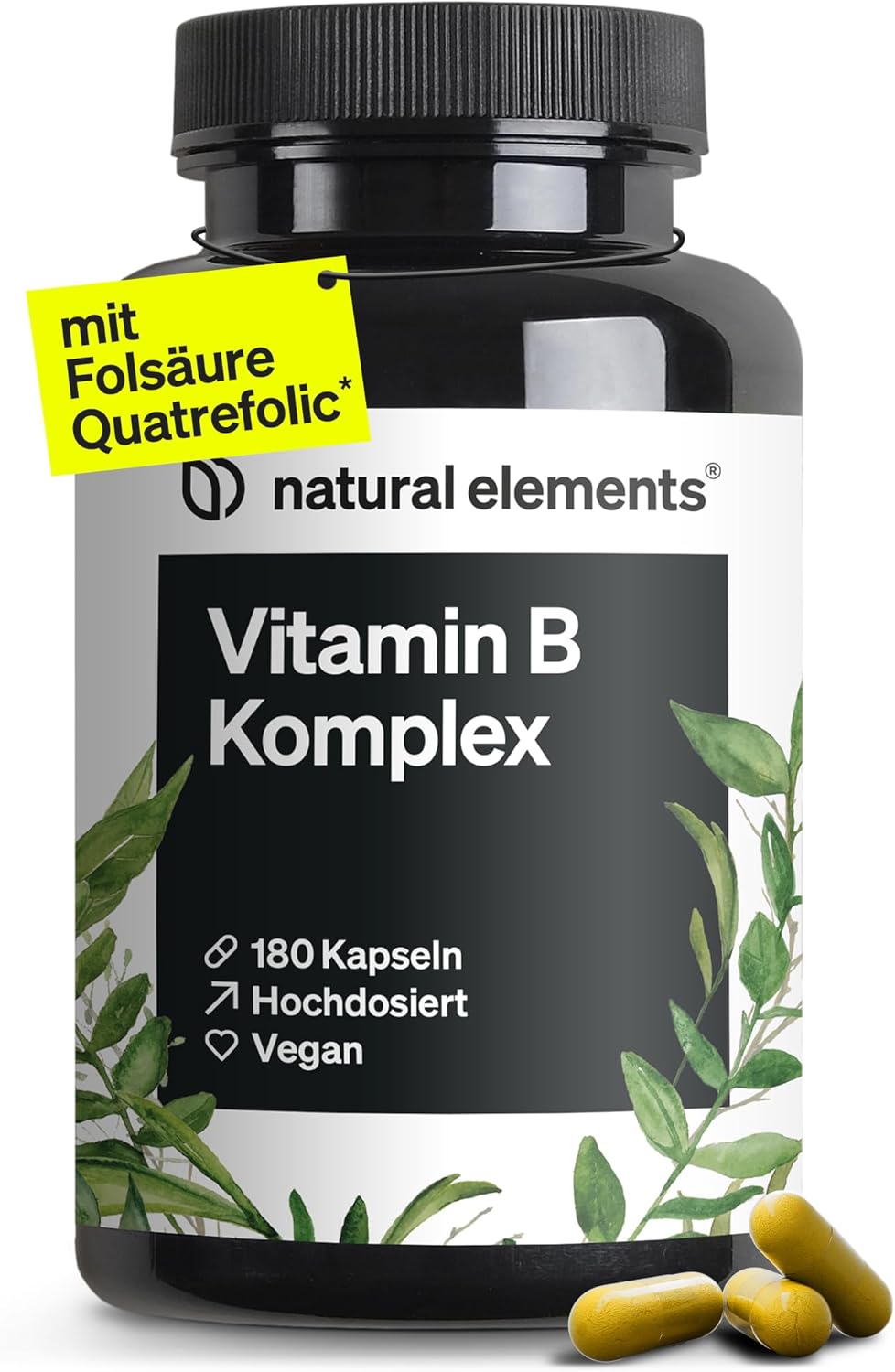 Magnesium Komplex mit B6 & Zink – natural elements Vitamin B Complex - 180 Capsules - High Dose: With 500 µg Vitamin B12 - All 8 B Vitamins (B1, B2, B3, B5, B6, B7, B9, B12) - Vegan, Produced in Germany & Laboratory Tested