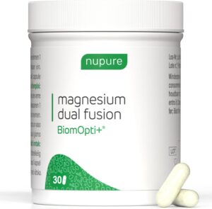 Magnesium Komplex mit B6 & Zink – Nupure® Magnesium Complex Dual Fusion Magnesium Citrate with 1 Billion KBE Lactobacillus Rhamnosus NU11 and Taurate with High Absorption, Gastric Juice Resistant, No GMO, Vegan, 30 Capsules BiomOpti+