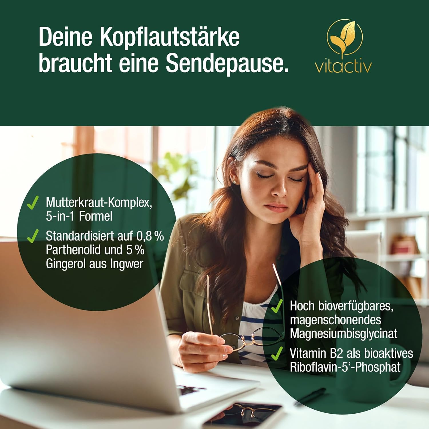 Magnesium Komplex mit B6 & Zink – VITACTIV Migra Complex - 90 Feverfew Capsules for Head Balance - Plus Ginger Extract, Magnesium, Coenzyme Q10, Vitamin B2 - Produced & Laboratory Tested in Germany - Vegan, No Artificial Additives – Bild 2