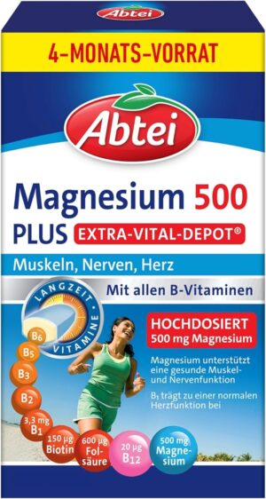 Magnesium 600 mg โ Abtei Magnesium 500 Plus Extra Vital Depot - To Support Muscles, Nerves, Heart - With 500mg Magnesium - Gluten Free, Lactose Free, Vegan - Storage Pack - 126 Tablets for 4 Months