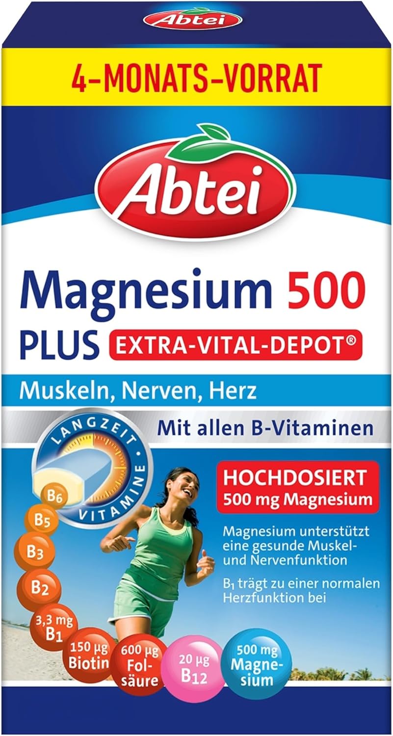 Magnesium 600 mg – Abtei Magnesium 500 Plus Extra Vital Depot - To Support Muscles, Nerves, Heart - With 500mg Magnesium - Gluten Free, Lactose Free, Vegan - Storage Pack - 126 Tablets for 4 Months