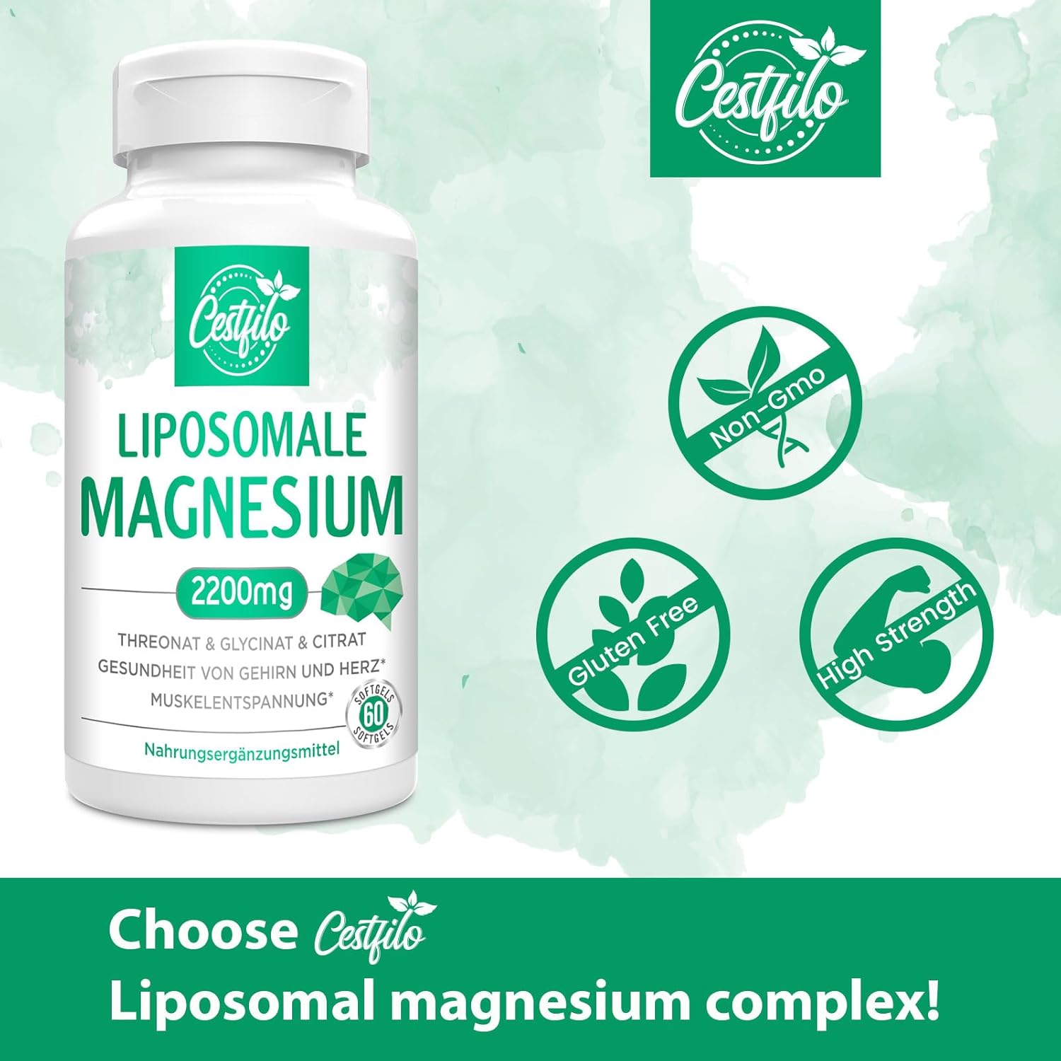 Magnesium 600 mg – Liposomal Magnesium Complex 2200 mg, Gluten-Free, 60 Soft Capsules, High Dose, Natural, Suitable for Women, Men (Pack of 60) – Bild 2