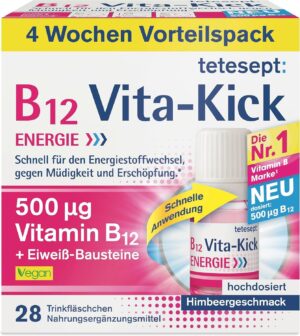 Magnesium Komplex mit B6 & Zink – Tetesept B12 Vita-Kick Drinking Pads - Nutritional Supplements for Fast Energy & Performance - Vitamin B12 Ampoules with Protein Building Blocks - Monthly Pack à 28 Drinking Walls