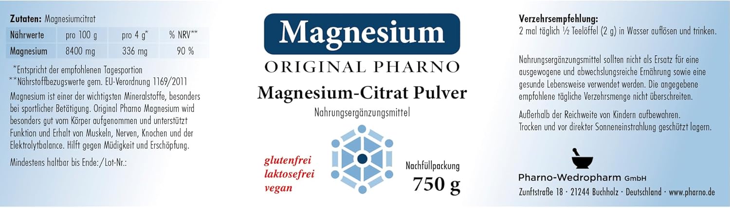 Magnesium 600 mg – Original Pharno Magnesium Citrate Powder 750 g Pure Magnesium Citrate without Additives for Muscles, Nerves & Electrolyte Balance