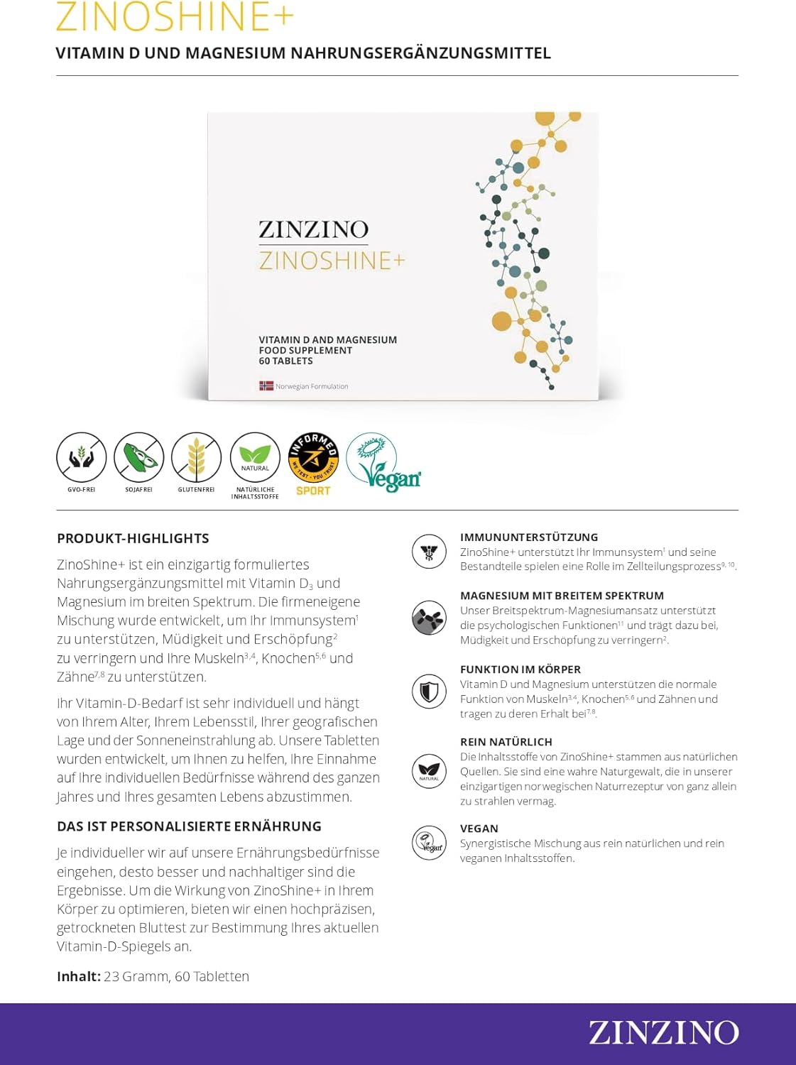 Magnesium Komplex mit B6 & Zink – ZinZino ZinoShine+ - Vitamin D3 & Magnesium Complex - Vegan - With Magnesium Citrate, Magnesium Malate, Bisglycinate & Sea Water - 60 Tablets – Bild 8