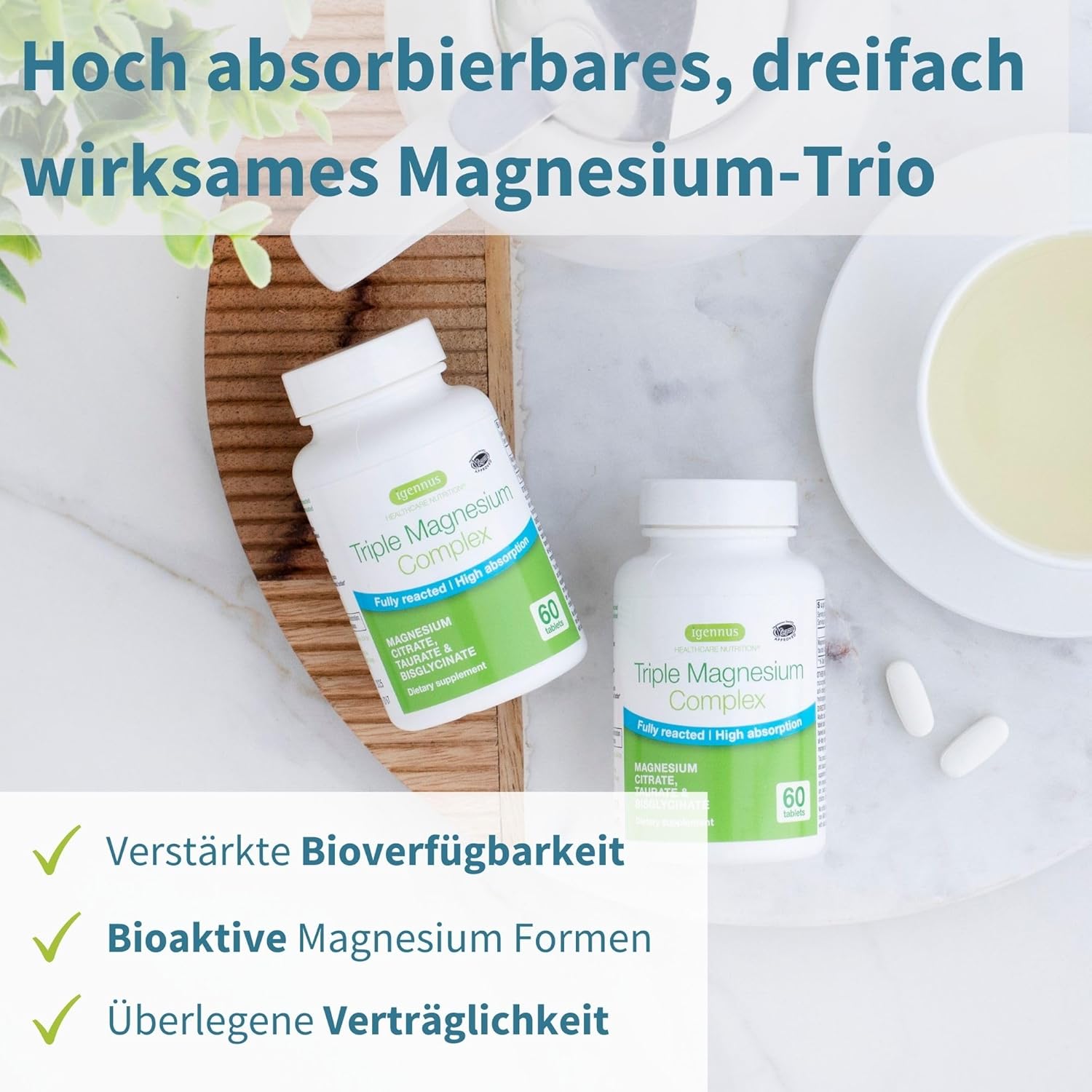 Magnesium Komplex mit B6 & Zink – Igennus Advanced Triple Magnesium Complex, Fully Reacted & Chelated Glycinate, Taurate & Citrate, Clean Label, High Bioavailability & Absorption, 60 Tablets, Vegan – Bild 2