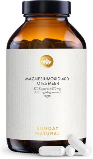 Magnesium 400 mg – SUNDAY NATURAL Magnesium High Dose Capsules – Annual Supply (370 Capsules) – 400 mg Pure Magnesium Made of Magnesium Oxide – Laboratory Tested from Own Production, No Other Additives