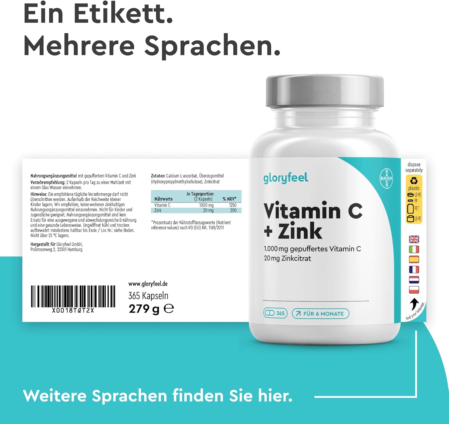 Magnesium 600 mg – Vitamin C + zinc - 365 vegan capsules - 1000 mg buffered vegetable vitamin C (acid-free and stomach friendly) plus 20 mg zinc per daily dose - laboratory tested without additives made in Germany. – Bild 8