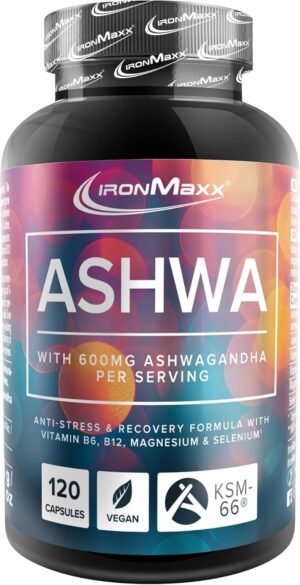 Magnesium 600 mg – IronMaxx Ashwagandha - 120 Capsules | 600mg KSM-66® per Daily Dose | With Vitamin B6 & B12 | with Magnesium & Selenium | Vegan