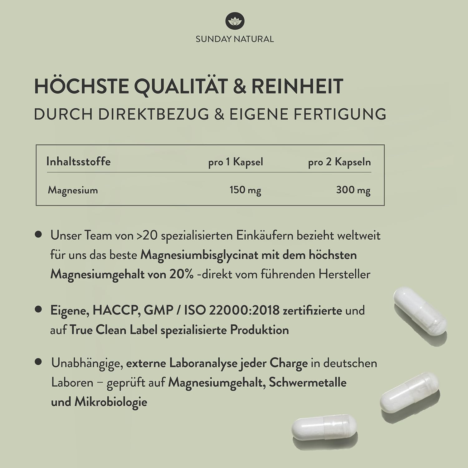 Schlaf-Magnesium mit Melatonin – Natürlich einschlafen & durchschlafen – SUNDAY NATURAL Magnesium Bisglycinate - 240 Capsules - 300 mg Pure Magnesium per Daily Dose, High Dose - Depot Magnesium Glycinate as Organic Amino Acid Chelate - Laboratory Tested, Vegan – Bild 3