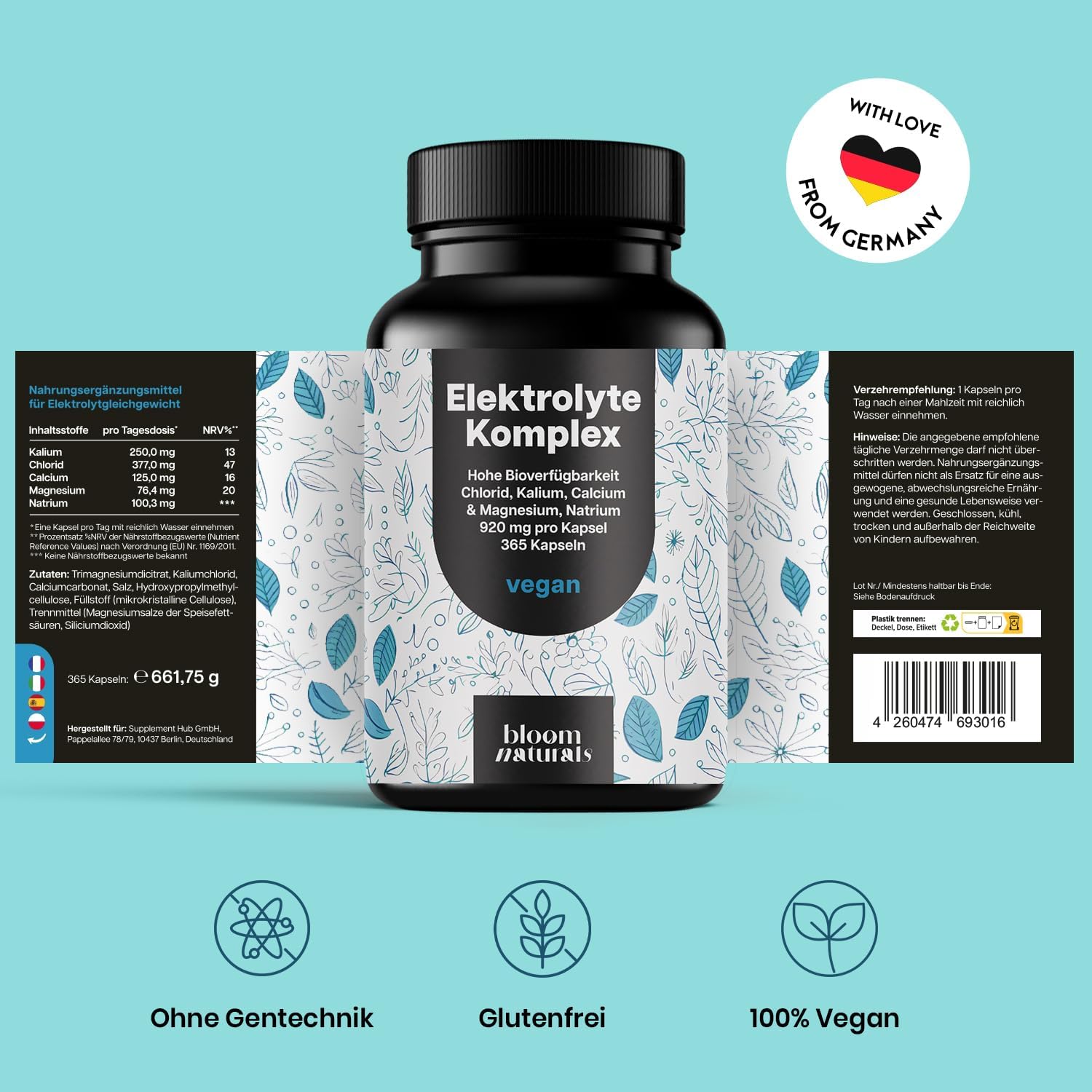 Magnesium Komplex mit B6 & Zink – Electrolyte Complex - 365 Capsules - with Chloride, Potassium, Calcium, Magnesium & Sodium - 920 mg per Capsule - Vegan, Produced in Germany, Annual Supply – Bild 3