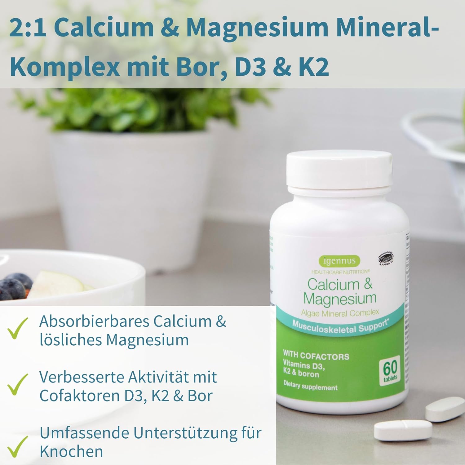 Magnesium Komplex mit B6 & Zink – Igennus Calcium Magnesium Complex with Vitamin D3, K2 and Boron as Co-Factors, High Dose, Algae Mineral Complex, Vegan, 60 Tablets – Bild 2