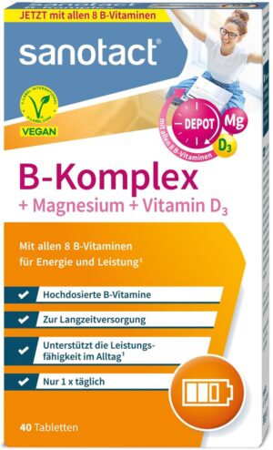 Magnesium Komplex mit B6 & Zink โ sanotact B Complex + Magnesium + Vitamin D3 (60 Tablets) โข High Dose B Vitamins with Depot & Long-Term Effect โข 100% Vegan โข Vitamin B1, B2, B6, B12, D3, Biotin, Folic Acid, Magnesium