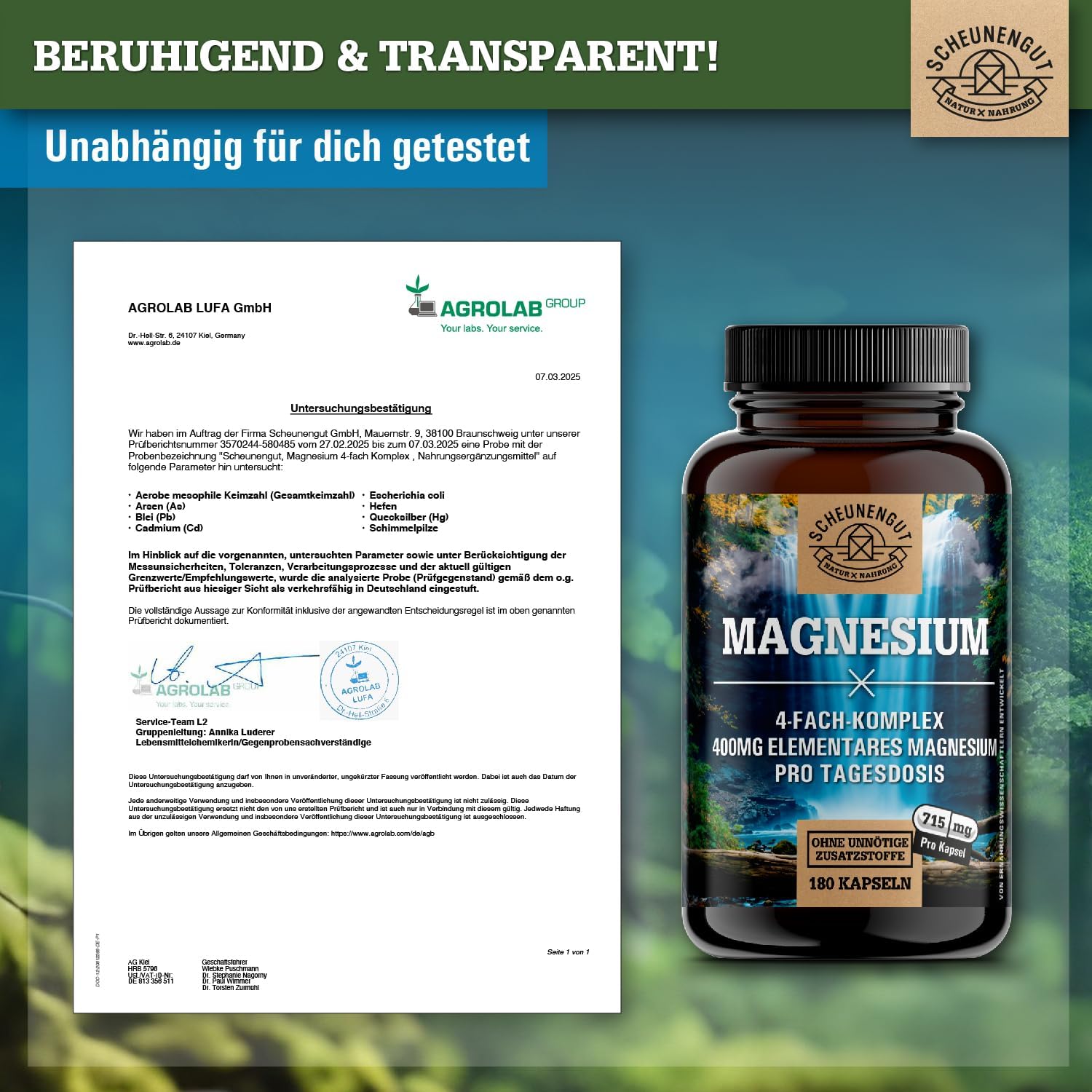 Magnesium 600 mg – Magnesium Complex 1430 mg – Important: Magnesium Bisglycinate as a 4-Way Brand Complex with 1430 mg per Daily Dose (+ 400 mg Element Available) Vegan and Laboratory Tested DE SCHEUNENGUT® – Bild 7