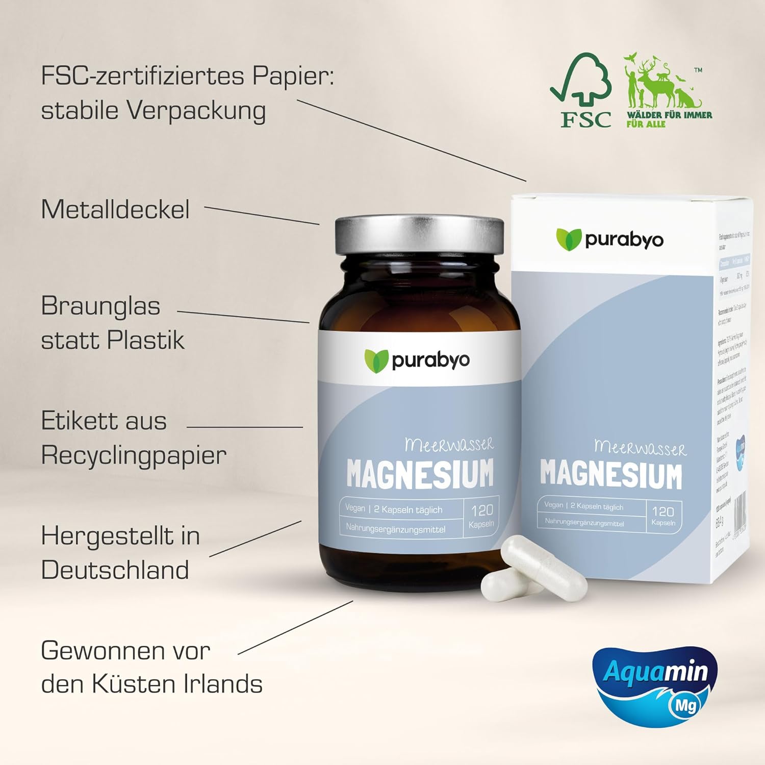Magnesium Komplex mit B6 & Zink – Magnesium Complex Vegan Magnesium Capsules in Glass High Dose Branded Raw Material Aquamin 300 mg Elementary Magnesium Made from Sea Water Vegan, Laboratory Tested and Made in Germany – Bild 5