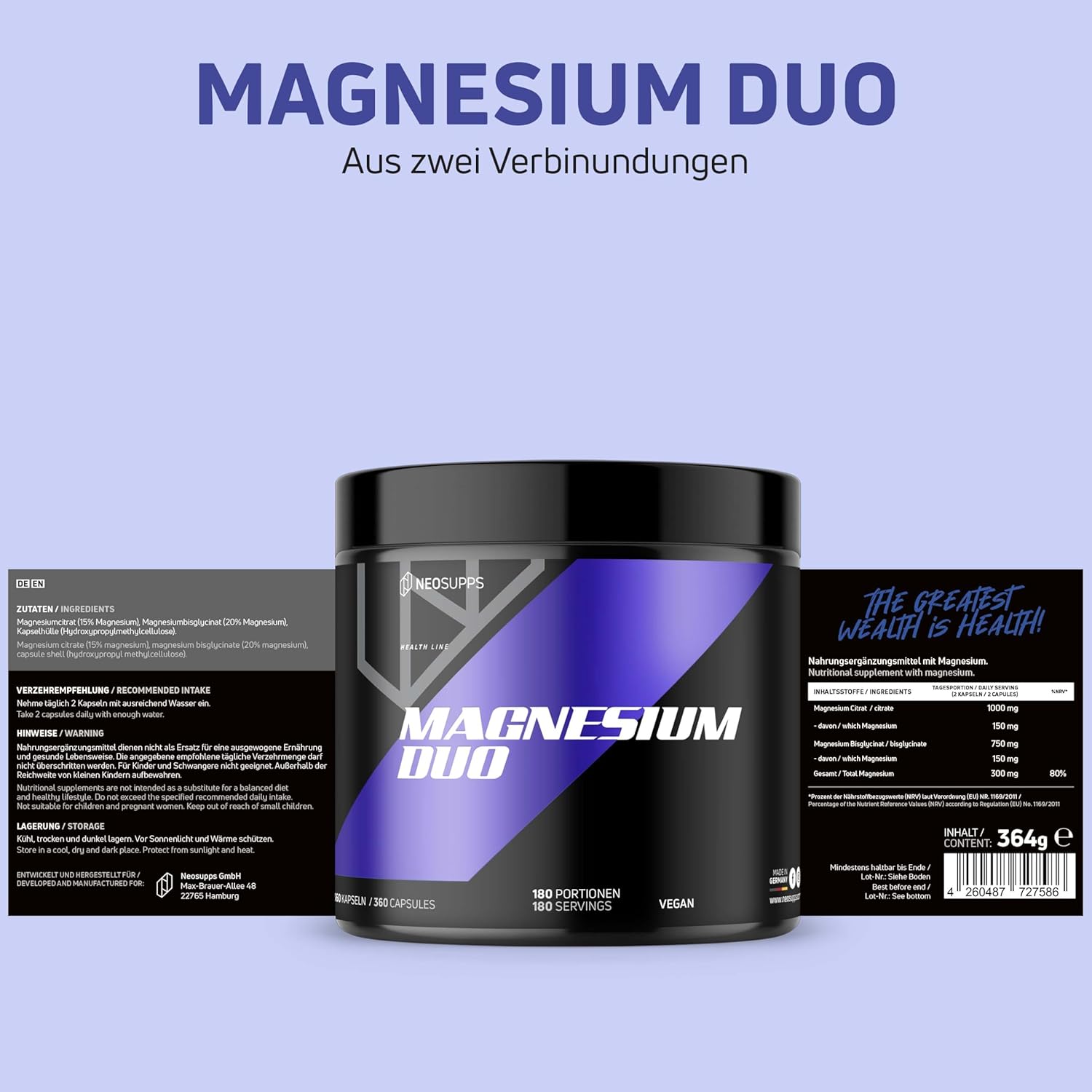 Magnesium Komplex mit B6 & Zink – NEOSUPPS Magnesium Duo Capsules I High Dose Dietary Supplement I Optimal Bioavailability I Muscle Contraction & Energy Metabolism I Vegan – Bild 4