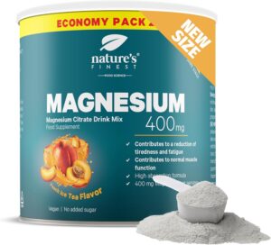 Magnesium 400 mg – Nature's Finest Magnesium Citrate Powder - High Dose with 400 mg Magnesium Per Serving - Vegan, Sugar-Free, with Peach Flavour - 200 g for 40 Servings