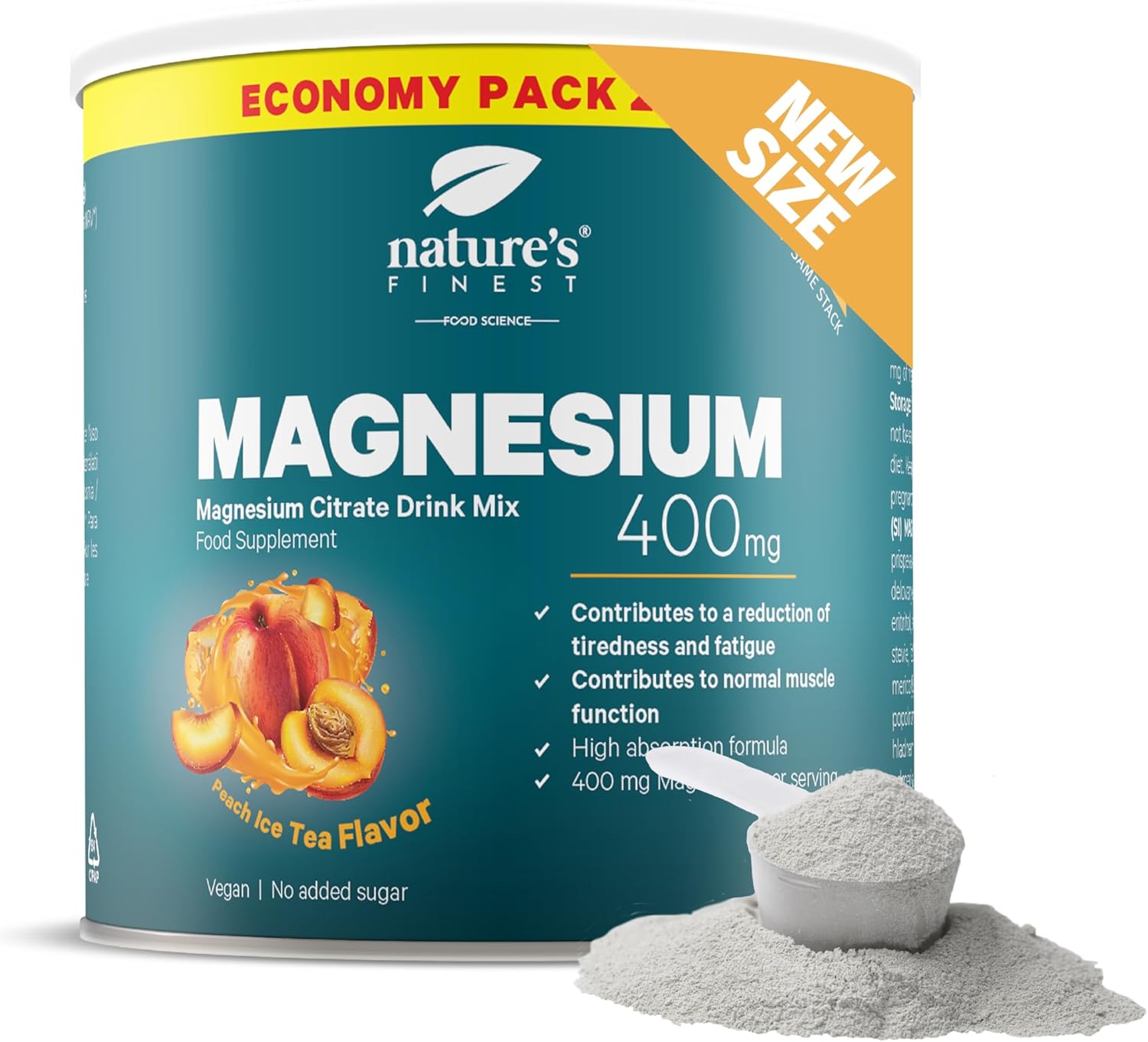 Magnesium 400 mg – Nature's Finest Magnesium Citrate Powder - High Dose with 400 mg Magnesium Per Serving - Vegan, Sugar-Free, with Peach Flavour - 200 g for 40 Servings