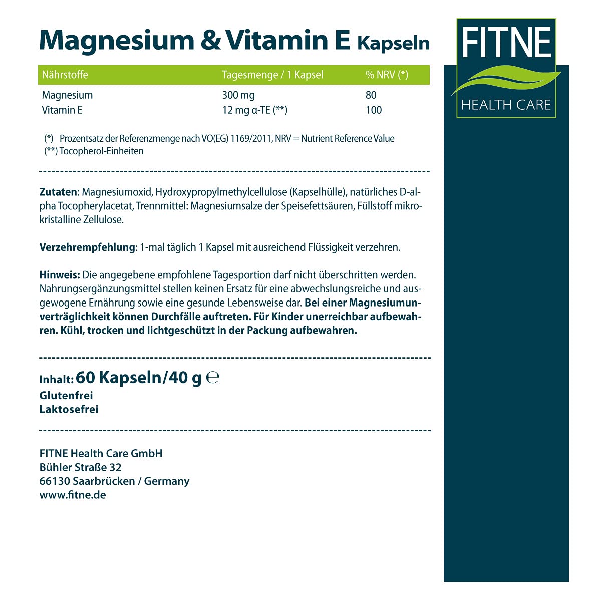 Magnesium Komplex mit B6 & Zink – FITNE Magnesium + Vitamin E, Natural Magnesium from Seawater, for Muscles & Energy Metabolism, 300 mg Magnesium per Capsule (60 Capsules) – Bild 2