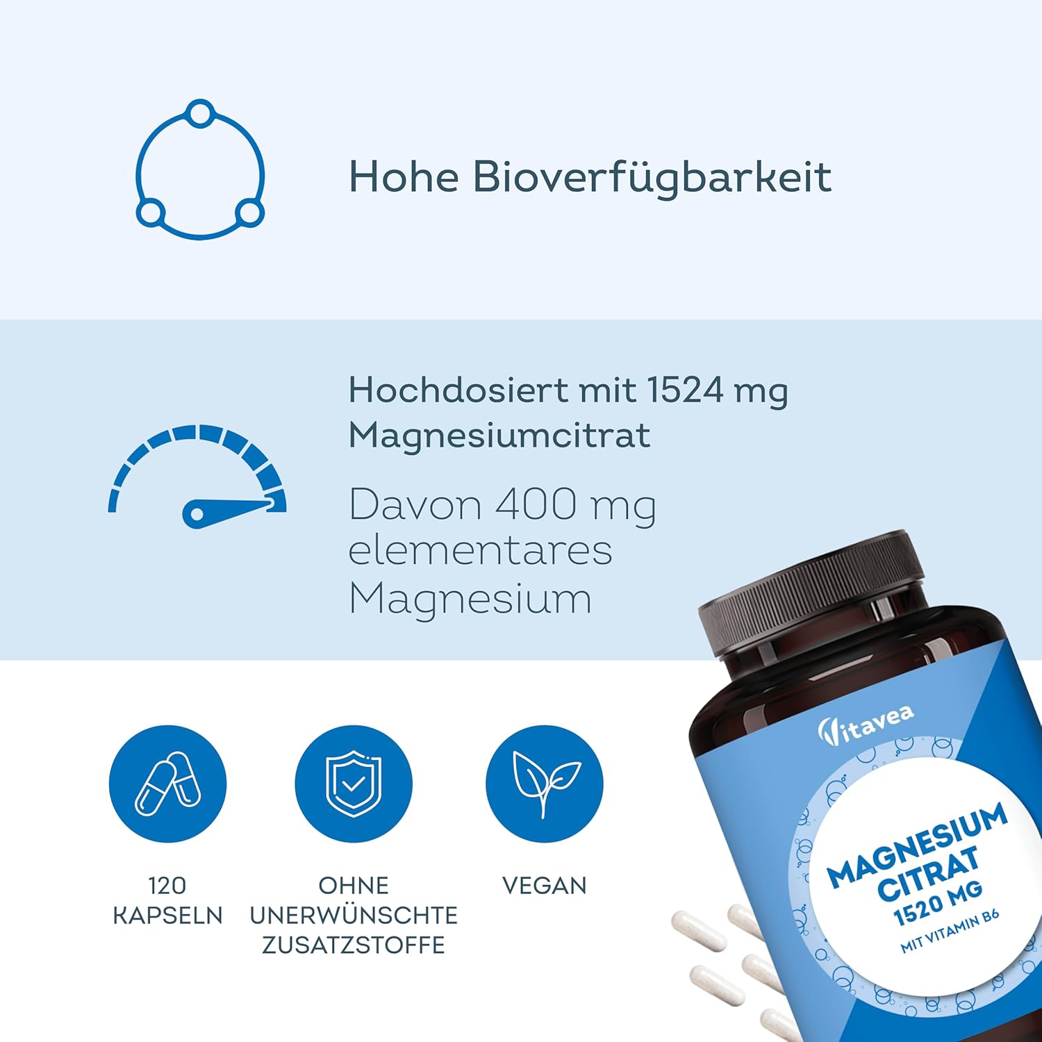 Magnesium 600 mg – Magnesium Citrate - 120 Vegan Capsules - 1520 mg Magnesium Citrate per Daily Dose - Perfect for Athletes - Muscle Function, Nerves & Energy - With Vitamin B6 - Laboratory Tested, No Additives – Bild 2