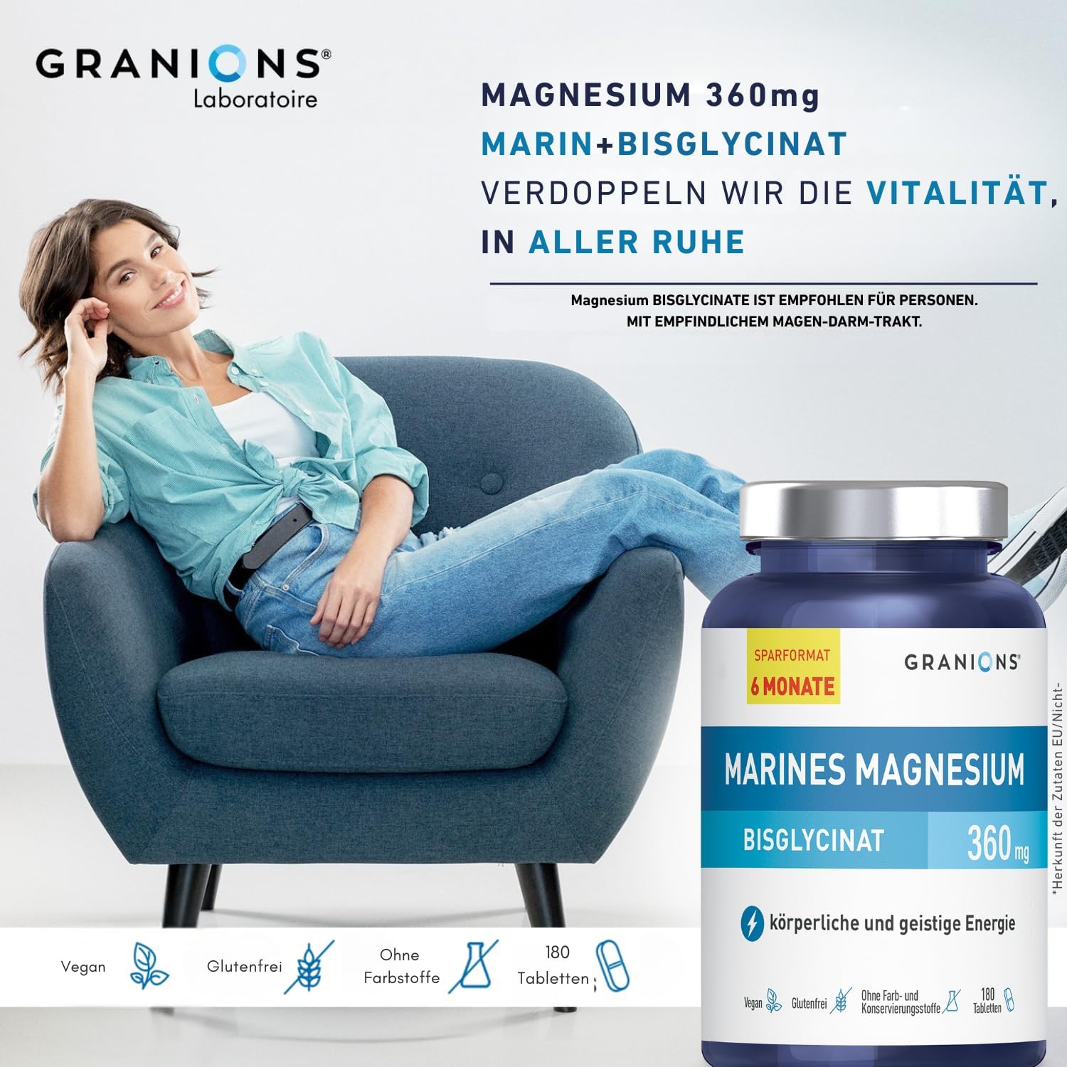 Magnesium Komplex mit B6 & Zink – Magnesium Complex 360 mg - 180 Tablets - 6 Month Supply Bisglycinate & Vitamin B6 - High Dose Magnesium for Muscles - Vitamin B Complex - Anti-Stress GRANIONS – Bild 5