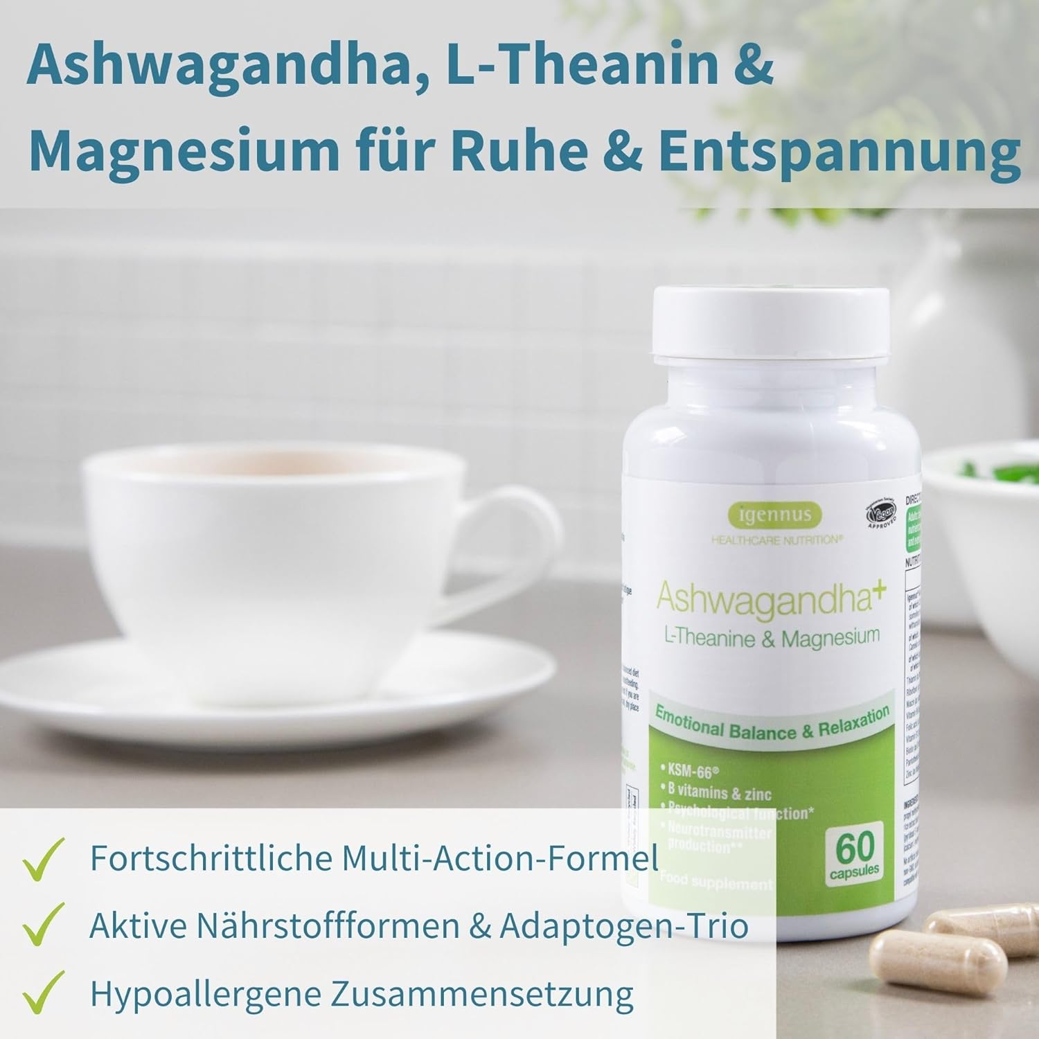 Magnesium Komplex mit B6 & Zink – Igennus High Dose Ashwagandha Anti-Stress Complex, L-Theanine & Magnesium & KSM-66 Root Extract Adaptogens, Methylated B Vitamins, for Relaxation & Sleep, Clean Label, 60 Vegan Capsules – Bild 2