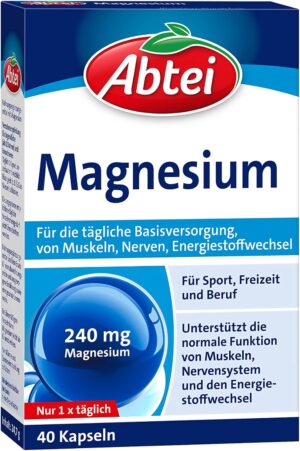 Magnesium 250 mg – Abtei Magnesium - for sports, leisure and work - for daily basic supply with magnesium for muscle and nerve function - with 240 mg magnesium - 1 x 40 capsules