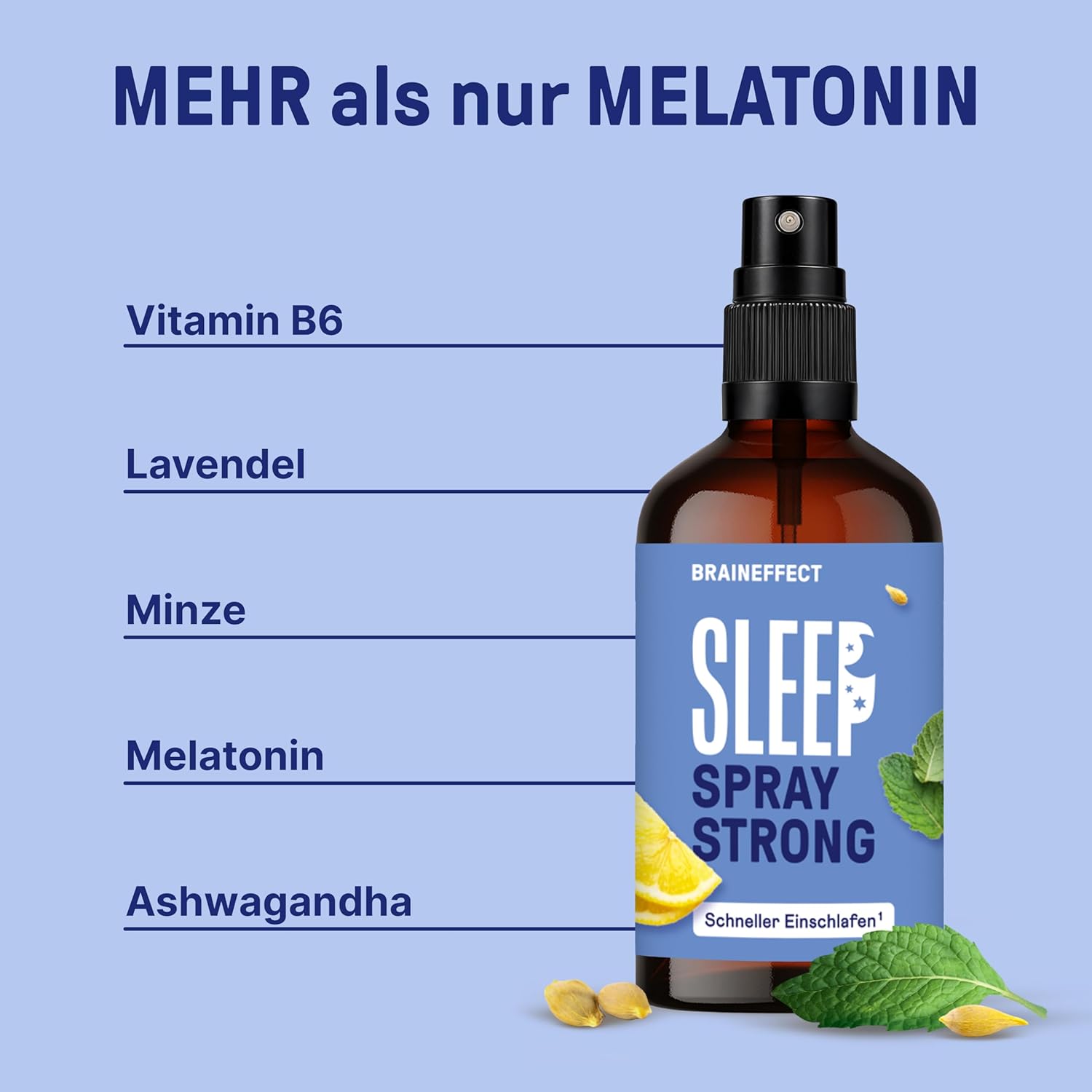 Schlaf-Magnesium mit Melatonin – Natürlich einschlafen & durchschlafen – BRAINEFFECT Sleep Spray Strong The Original - Melatonin Spray High Dose - 450 Days Supply Sleep Spray - with Mint, Lemon, Lavender and Ashwagandha, Sugar-Free, Alcohol-Free – Bild 4