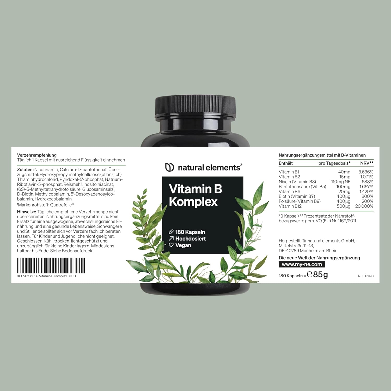 Magnesium Komplex mit B6 & Zink – natural elements Vitamin B Complex - 180 Capsules - High Dose: With 500 µg Vitamin B12 - All 8 B Vitamins (B1, B2, B3, B5, B6, B7, B9, B12) - Vegan, Produced in Germany & Laboratory Tested – Bild 6