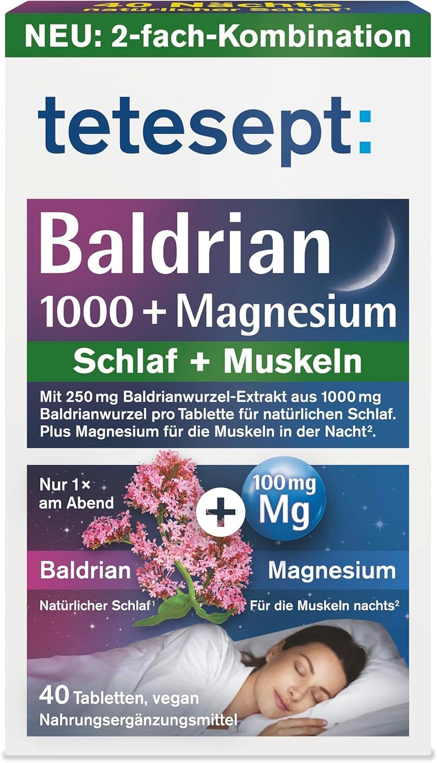 Schlaf-Magnesium mit Melatonin – Natürlich einschlafen & durchschlafen – tetesept Valerian 1000+ Magnesium - 1 × 40 Tablets - Dietary Supplement Supports Natural Sleep and Relaxed Muscles - Vegan