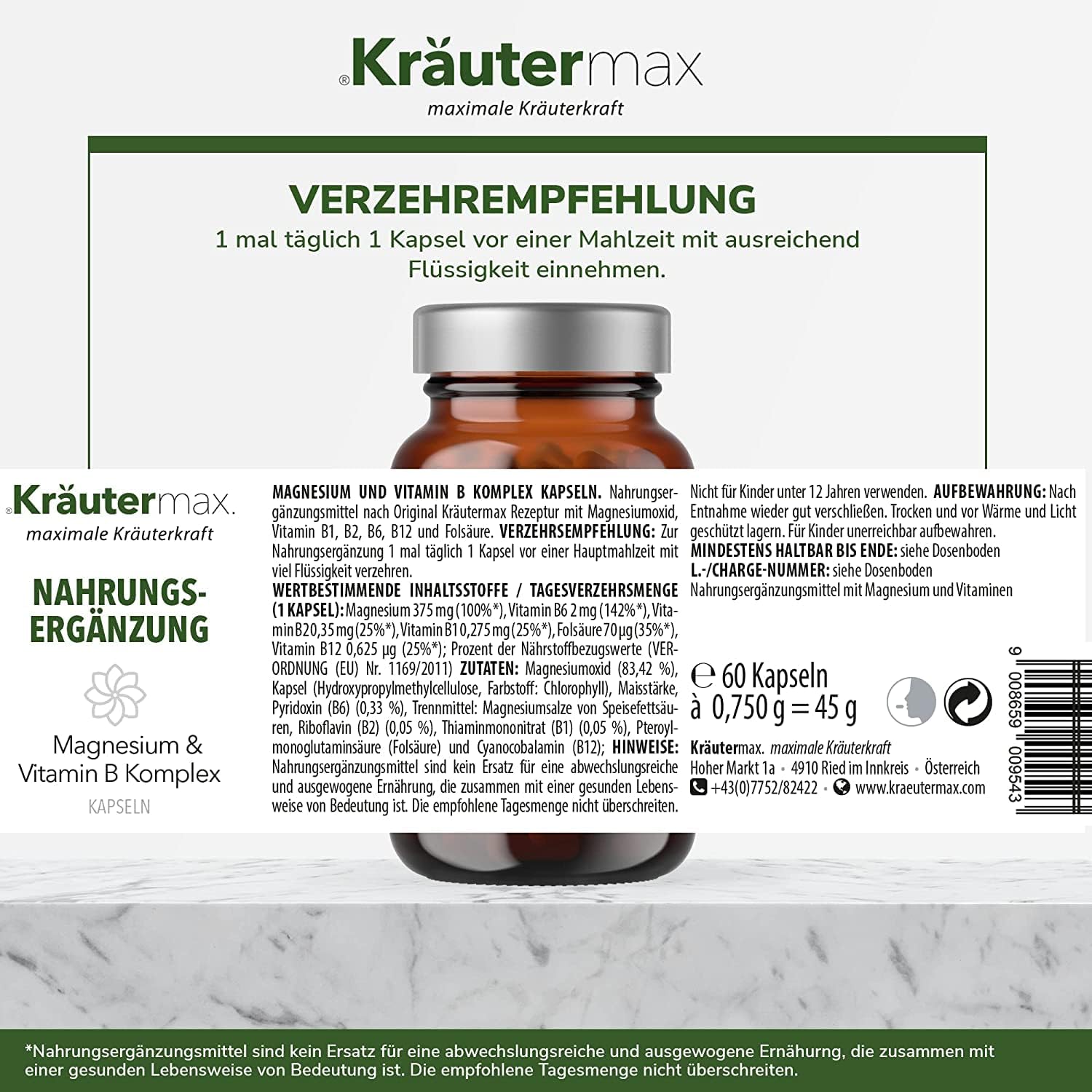 Magnesium Komplex mit B6 & Zink – Kräutermax Magnesium Complex Magnesium High Dose Capsules with Vitamin B Complex According to Original Kräutermax Formula Magnesium Vitamin B Complex Capsules Magnesium Vegan 1 x 60 Pieces – Bild 5