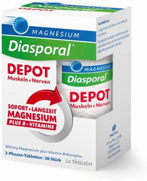 Magnesium Komplex mit B6 & Zink โ MAGNESIUM-DIASPORALยฎ Pro Depot Muscles and Nerves, 300 mg Magnesium & Vitamin B Complex, 2-Phase Depot for Instant and Long-Term Release, Vegan, Gluten-Free & Lactose Free, 30 Tablets