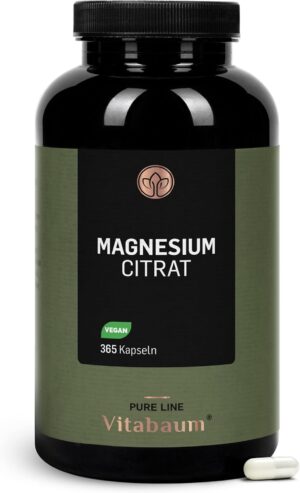 Magnesium 600 mg – Vitabaum Magnesium Citrate - 375 mg Magnesium per Daily Dose - Supports Energy Metabolism - 365 Capsules - 4 Month Supply - Vegan, Gluten Free, Lactose Free